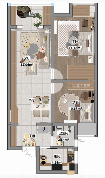 魏明花｜紫杨佳园16-1102-85㎡-现代风格｜2室1厅1卫｜二手房装修｜定制家｜全包10万｜00_03平面彩图